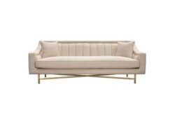 Croft Fabric Sofa in Sand Linen Fabric w/ Accent Pillows and Gold Metal Criss-Cross Frame by Diamond Sofa