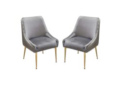 Set of (2) Quinn Dining Chairs w/ Vertical Outside Pleat Detail and Contoured Arm in Grey Velvet w/ Brushed Gold Metal Leg by Diamond Sofa