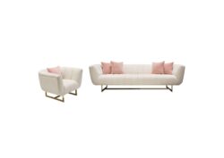 Venus Cream Fabric Sofa & Chair 2PC Set w/ Contrasting Pillows & Gold Finished Metal Base by Diamond Sofa