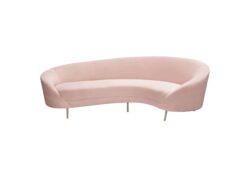 Celine Curved Sofa With Contoured Back In Blush Pink Velvet And Gold Metal Legs